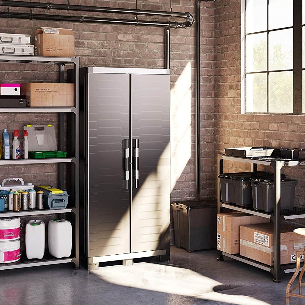 Armoire haute en plastique avec 4 étagères renforcées 88x45x181H cm. noir GarageXL