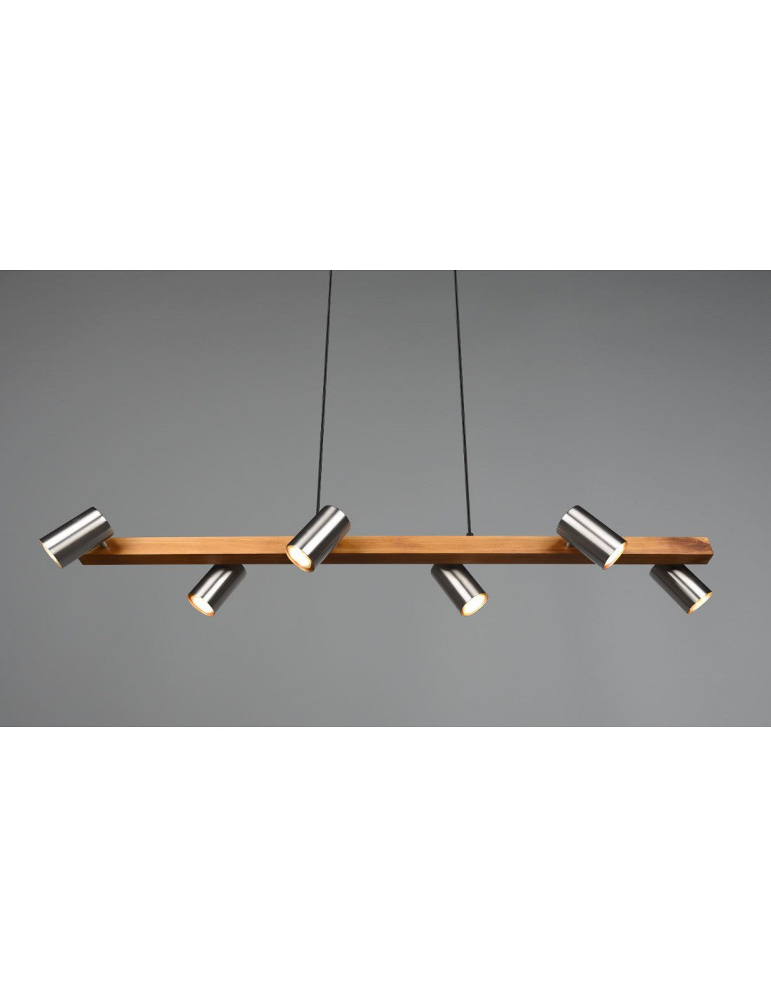 Suspension îlot en bois 6 spots cylindriques réglables en nickel Marley Trio Lighting