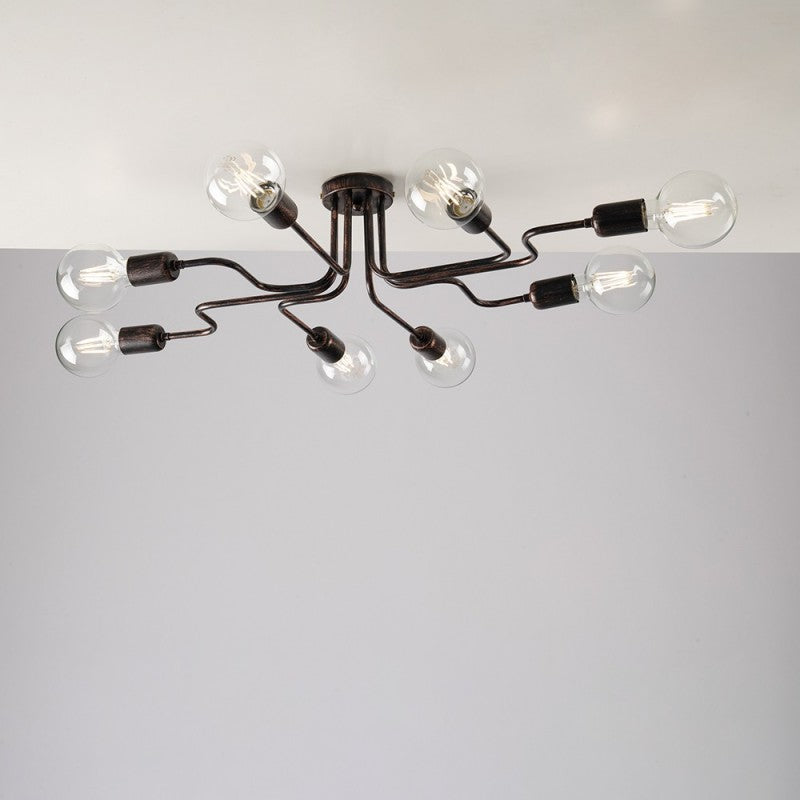 Plafonnier en fer noir décor cuivre, huit lumières 83x66x h17 cm