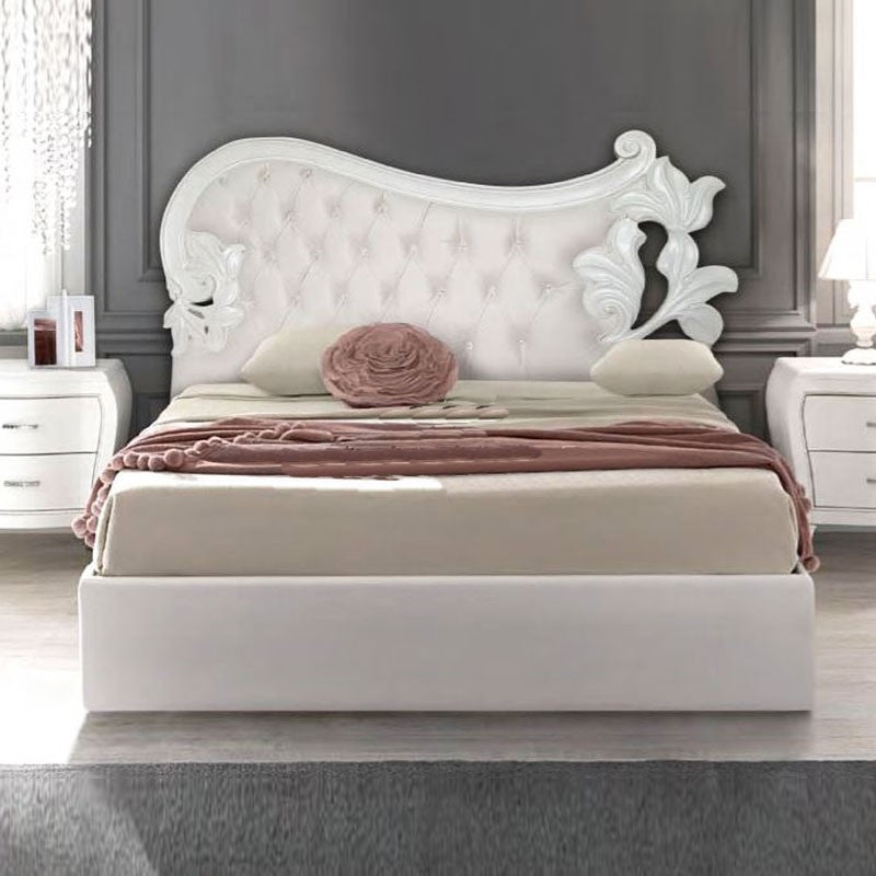 Lit double en bois sculpté avec tête de lit rembourrée en éco-cuir 185x204xh.160 cm