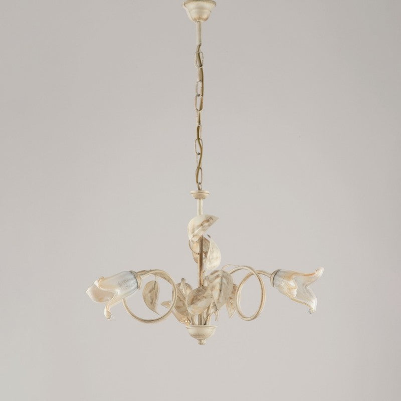 Lustre en fer ivoire or verre blanc ambre trois lumières 58x h43 cm