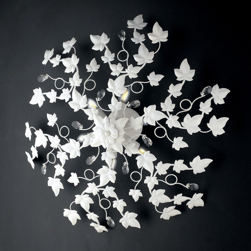 Plafonnier shabby en fer à six lumières, strass cristal blanc, lierre 80 cm