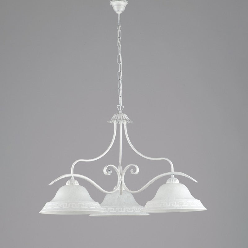Lustre classique en fer blanc argenté et verre blanc, trois lumières 30x h53 cm