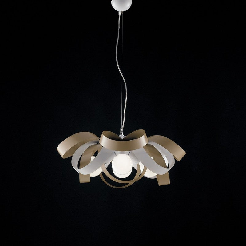 Lustre suspension en fer gris tourterelle blanc à quatre lumières 66x h28 cm