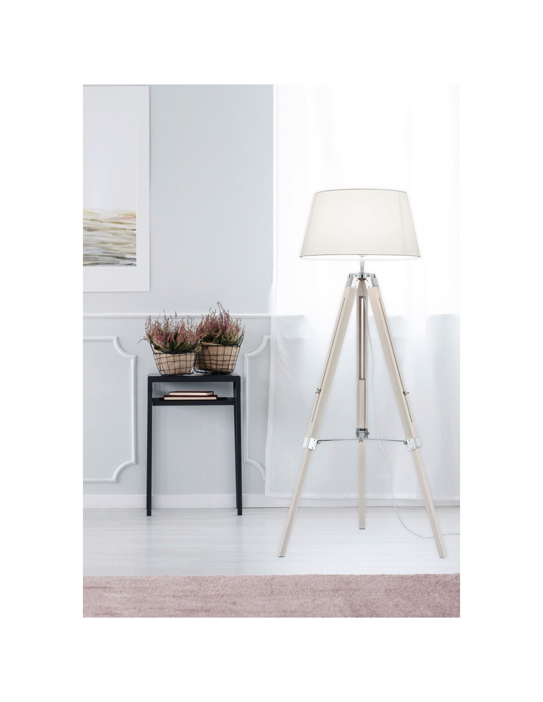 Lampadaire moderne trépied en bois trépied en tissu blanc H143 cm Trio Lighting