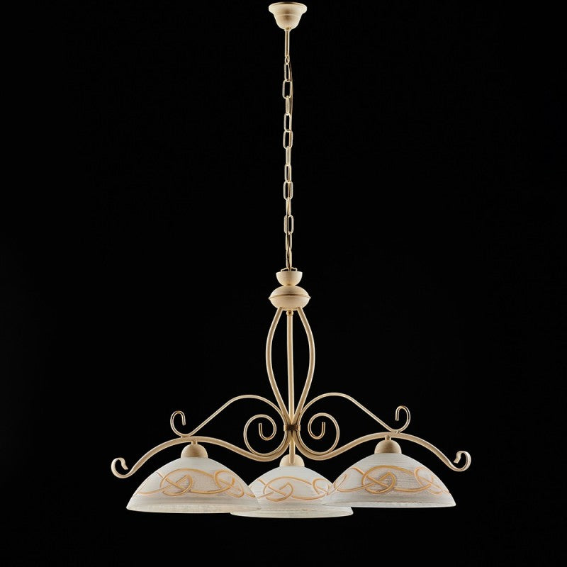 Lustre en fer Décape ivoire finition dorée, trois lumières 71x h56 cm