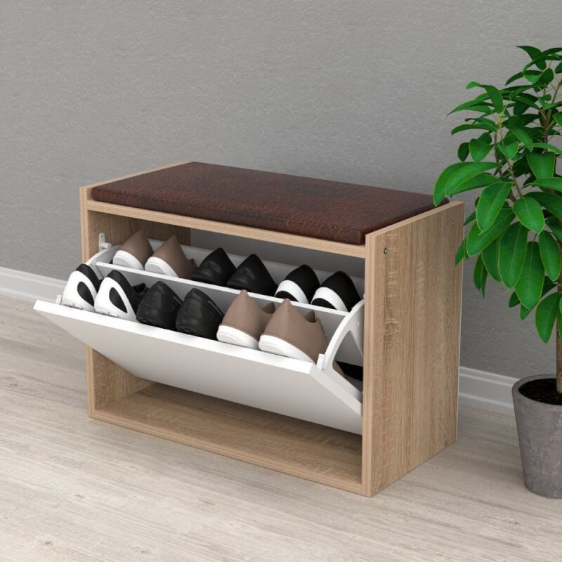 Étagère à chaussures coffre Susa blanc et sonoma avec coussin rembourré