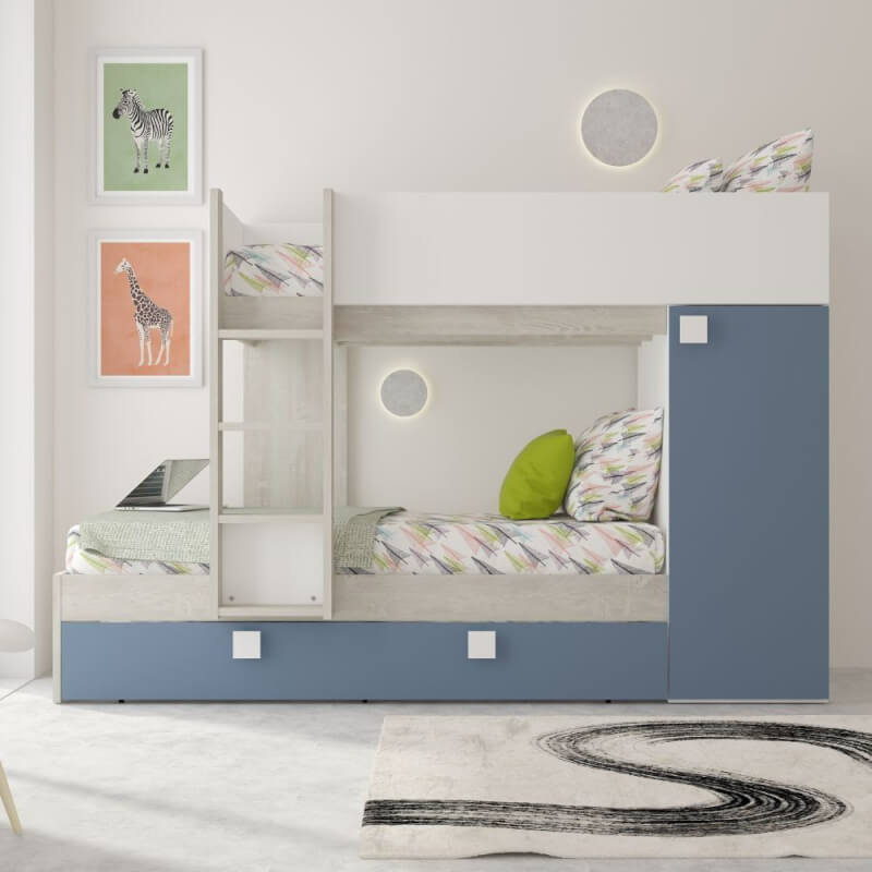 Cameretta con letto a castello e letto estraibile con armadio integrato colore bianco consumato e azzurro