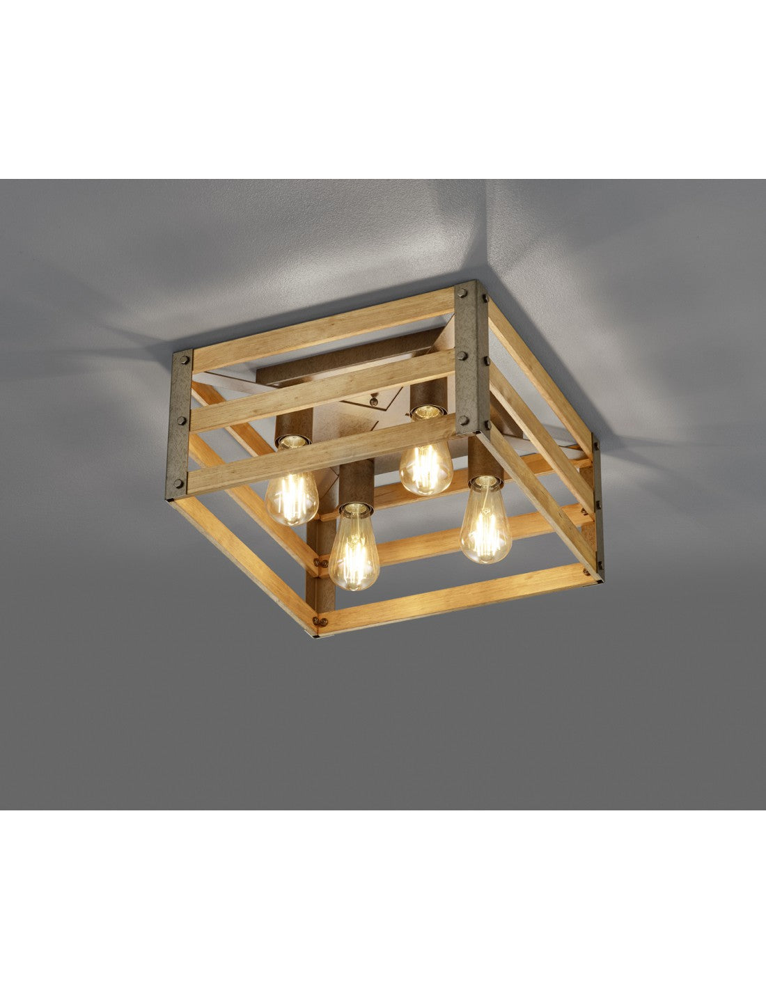 Plafonnier Khan Vintage Rustique en Bois Naturel Nickel Antique 40x40 cm Trio Lighting