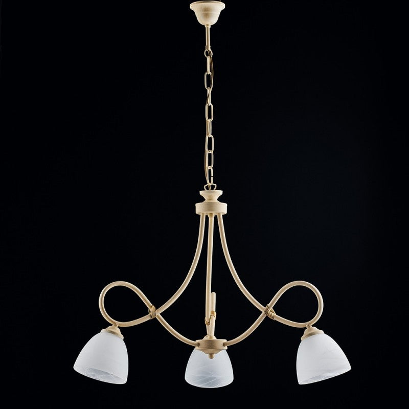 Lustre en fer décapé ivoire trois lumières abat-jour en verre blanc 58x h52 cm
