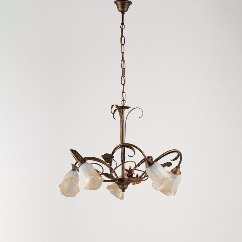 Lustre suspension en fer marron feuilles d'or cinq lumières 60x h47 cm