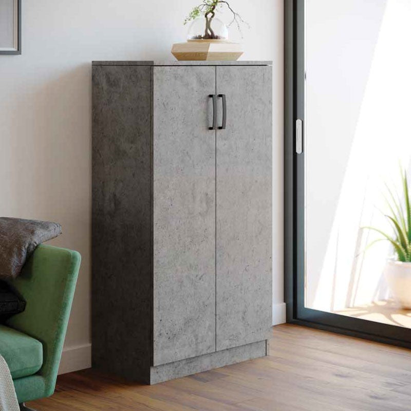 Meuble à chaussures polyvalent en bois mélaminé gris ciment 2 portes h130x71x38