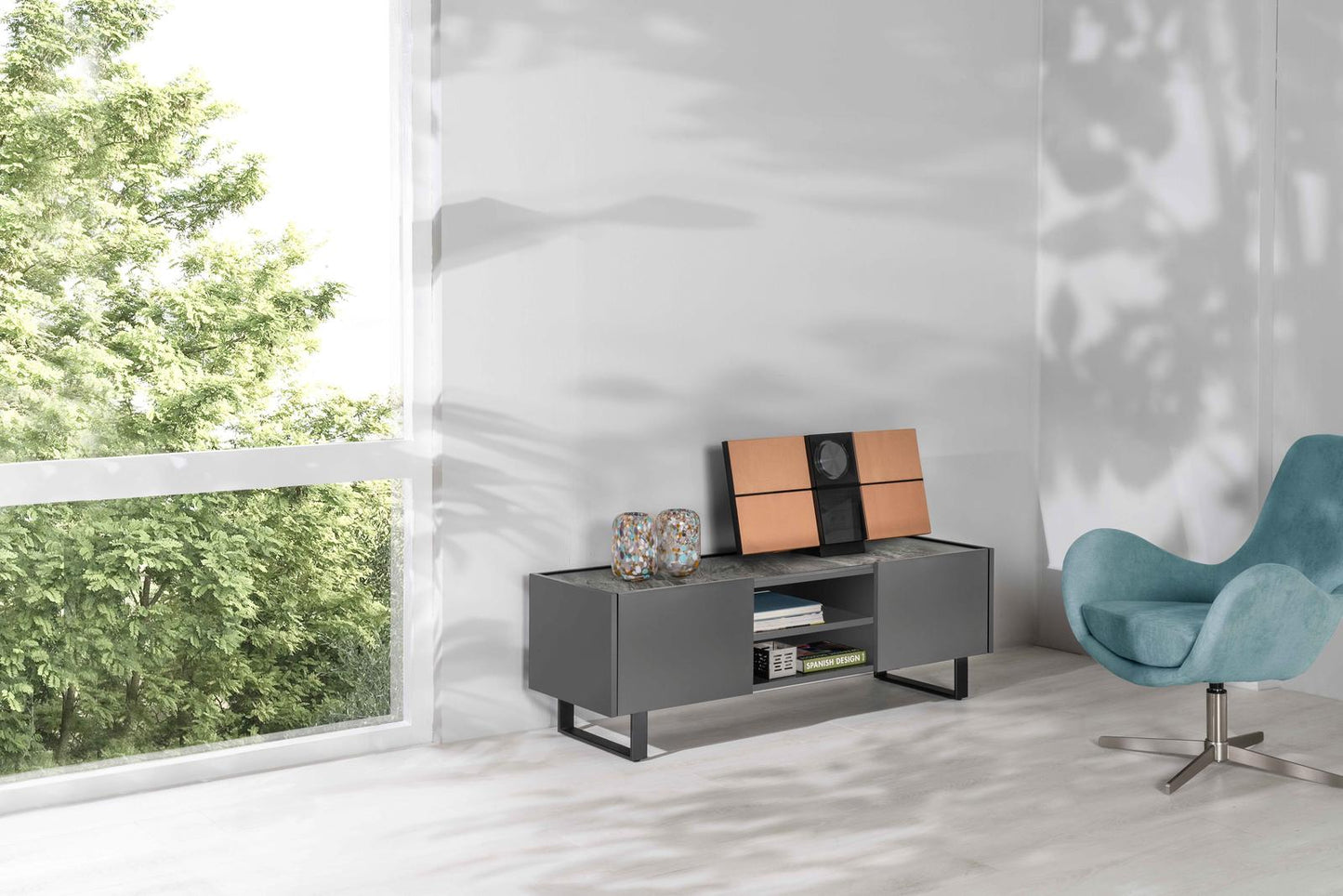 Meuble TV gris foncé 40 cm x 140 cm H. 45 cm