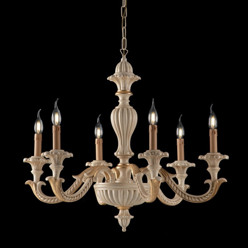 Lustre en bois et pâte de bois ivoire et feuille d'or, 6 lumières