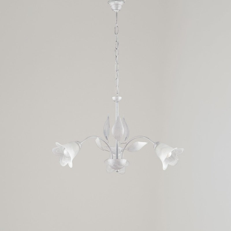 Lustre en fer Blanc Argenté à trois lumières en verre Albâtre Blanc 60x h43 cm
