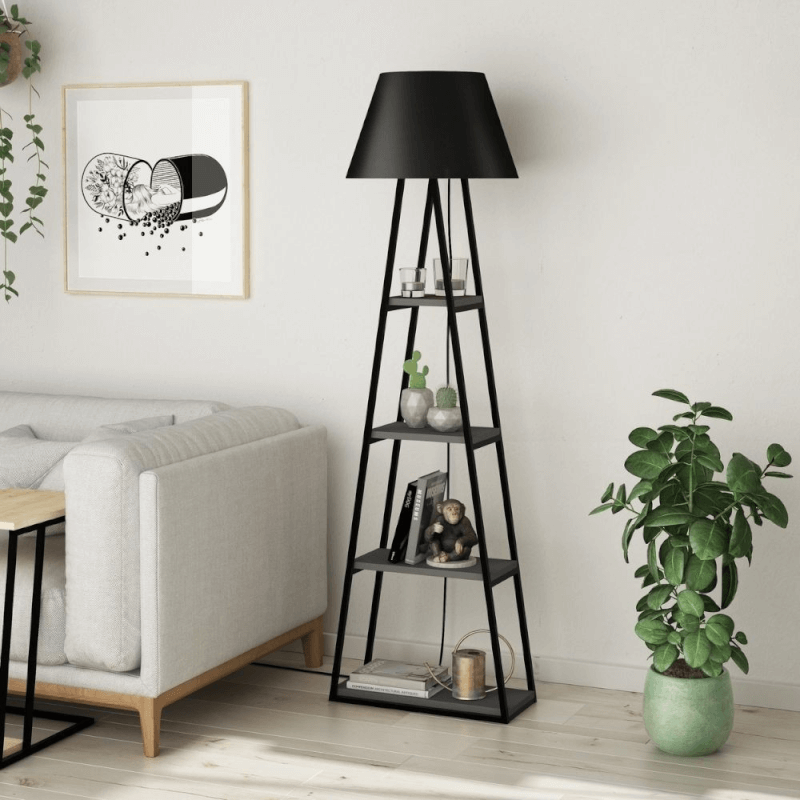 Lampadaire Pal en bois noir anthracite avec étagères 50x165