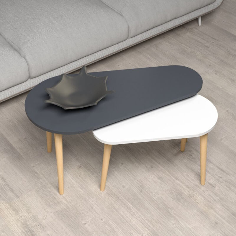 Table basse double Pear en blanc et anthracite avec pieds en bois