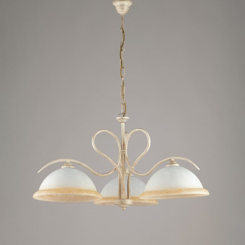 Lustre en fer doré ivoire à trois lumières en verre Blanc et Ambre 68x h43 cm