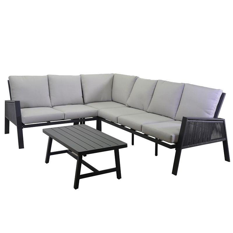 Salotto angolare con struttura in alluminio e cuscini sfoderabili - Divano 2p: 126x88,5x61,5 cm, Divano 3 posti: 179x88x89,5 cm, Tavolo: 110x57,5x44,5 cm