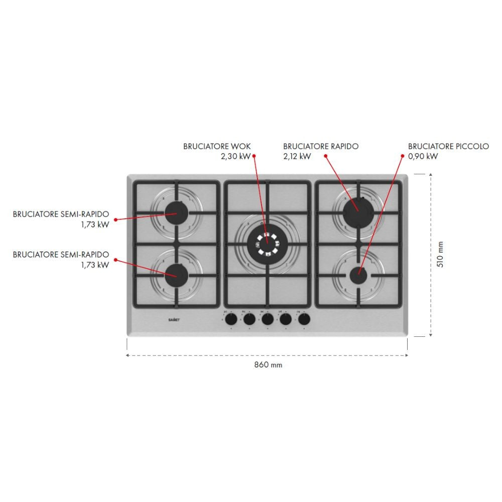 Samet Piano cottura Apollo 90 inox 5 fuochi L86xP51