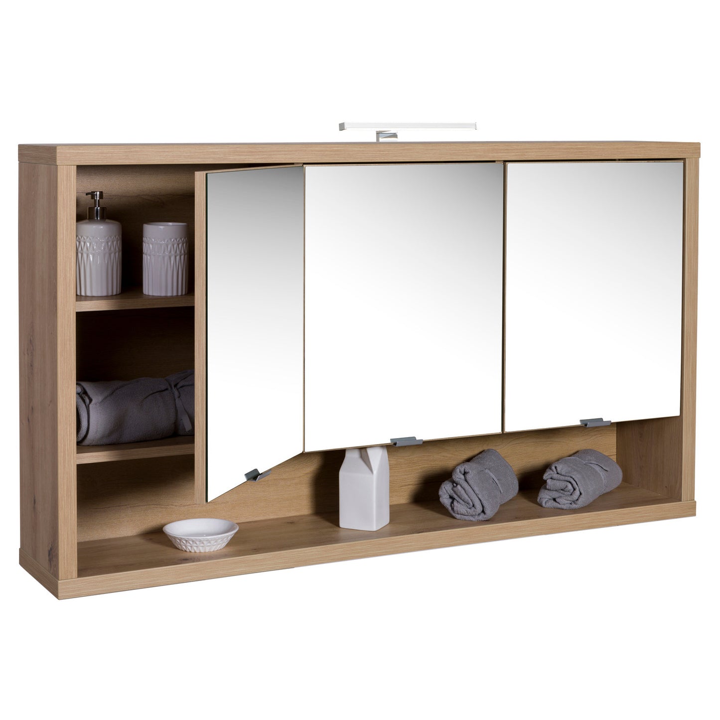 Specchiera Pensile con 3 Ante e 1 Vano, Luce LED, Dimensioni: 70x123x22 cm