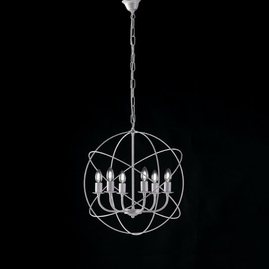 Déco suspension lustre fer Blanc Argent six lumières 51x h55 cm