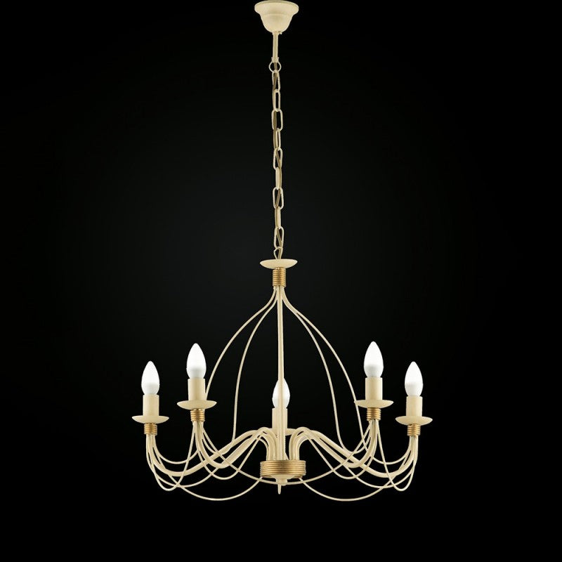 Lustre en fer Décape ivoire finition dorée, cinq lumières, 61x h45 cm