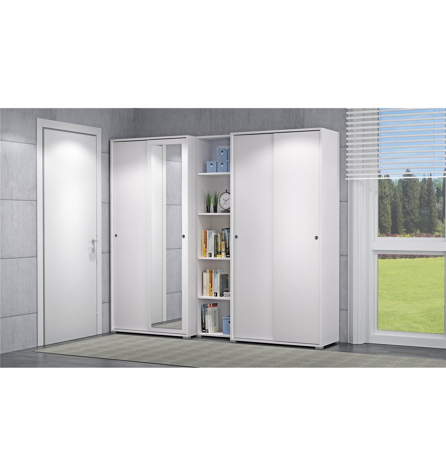 Armoire avec double porte coulissante et quatre tablettes réglables, portes blanches