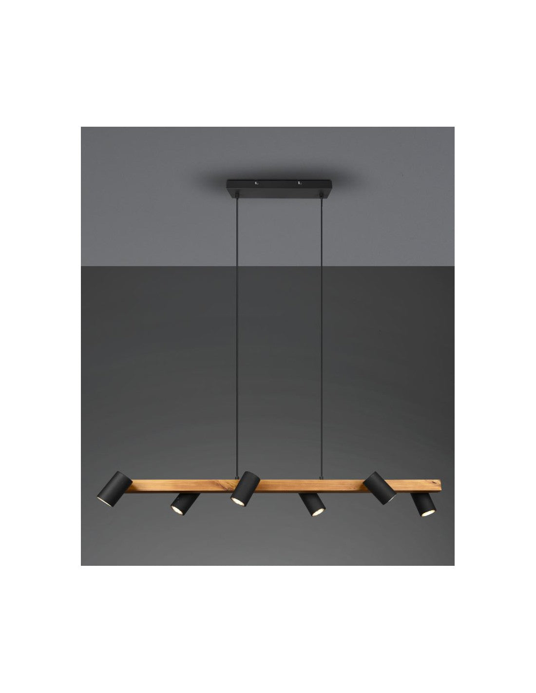 Lustre îlot en bois 6 spots noirs cylindriques réglables Marley Trio Lighting