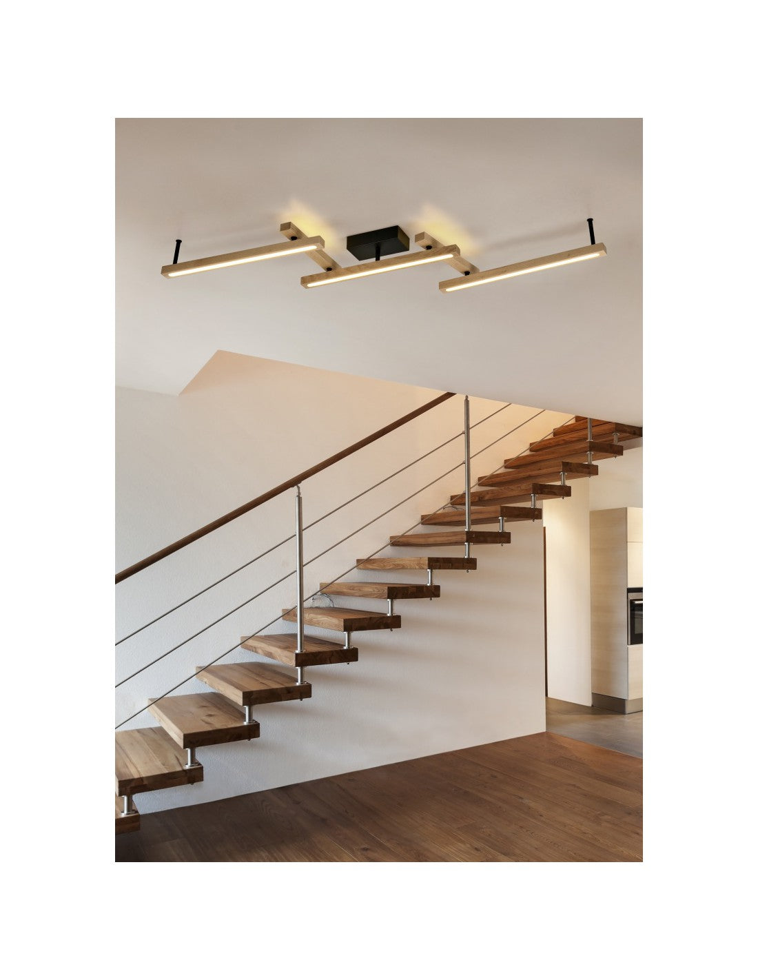 Grand Plafonnier Tiges Bois Ajustables Vintage Double Led Bellari Trio Éclairage