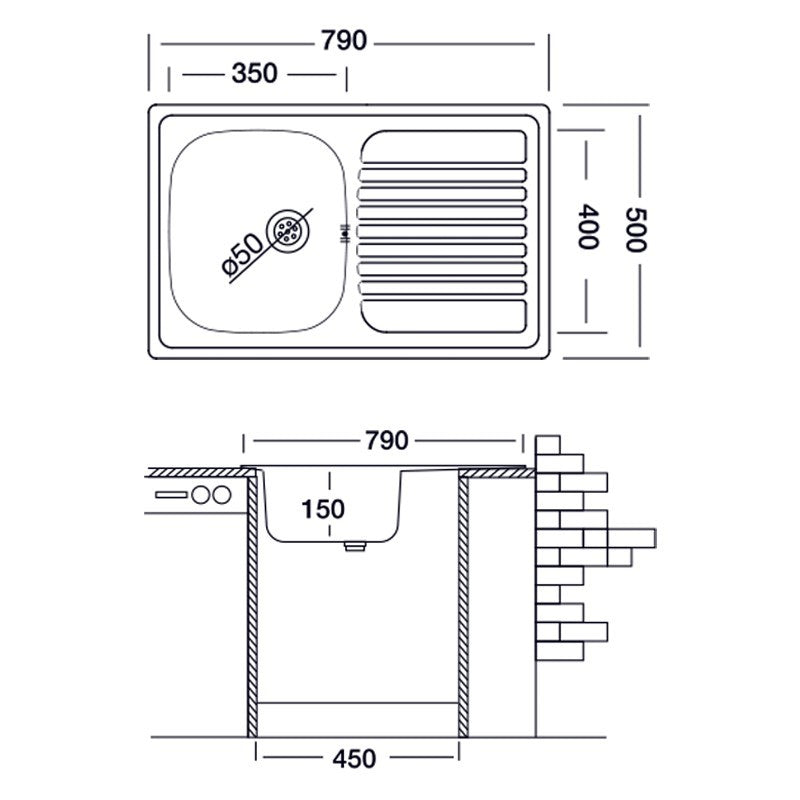 Évier de cuisine encastrable en inox avec égouttoir à gauche 50x79 cm