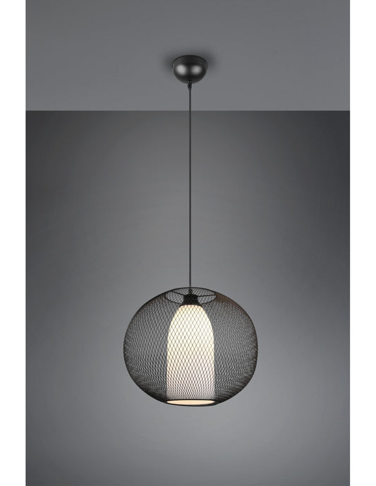 Suspension Lustre Diffuseur Rond Cage En Métal Noir Avec Fil De Verre Opale Trio Éclairage