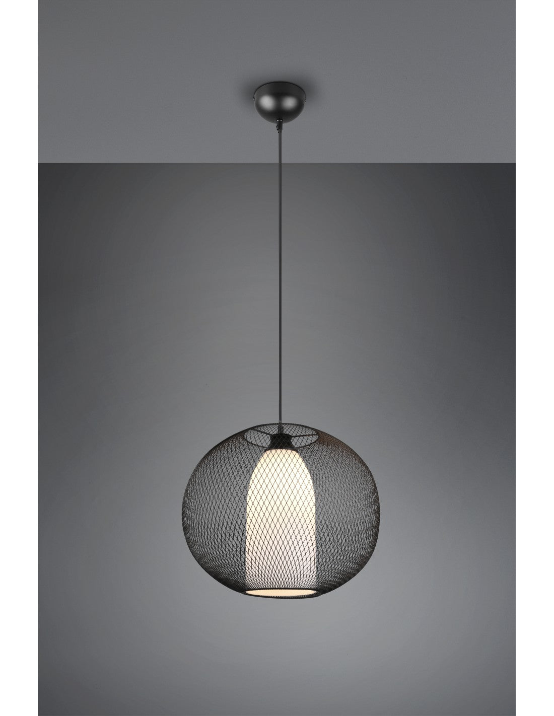 Suspension Lustre Diffuseur Rond Cage En Métal Noir Avec Fil De Verre Opale Trio Éclairage