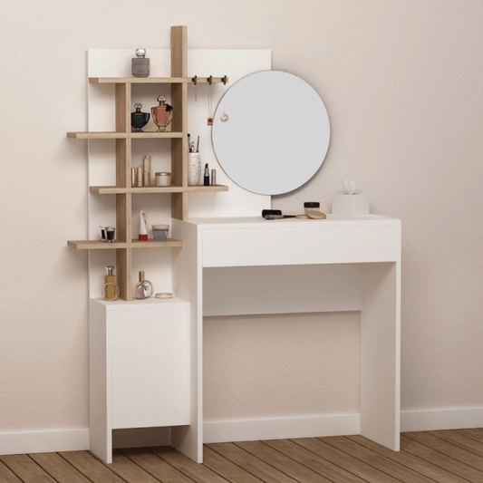 Toilettes de maquillage White Mup avec compartiments ouverts en chêne