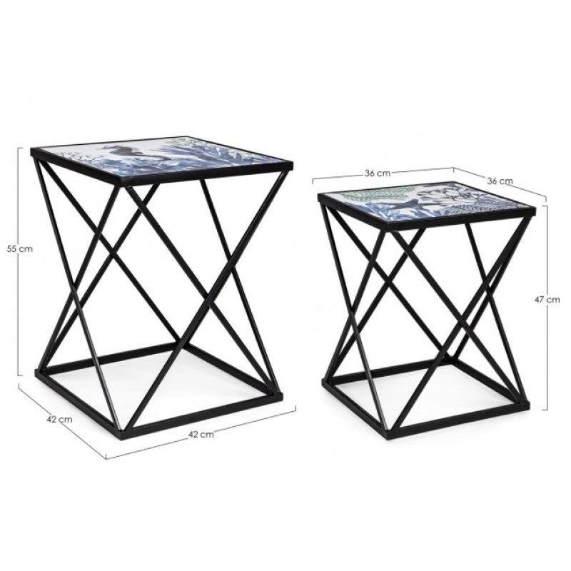 Ensemble de tables basses 2 pièces en acier noir motif marin REEF K04