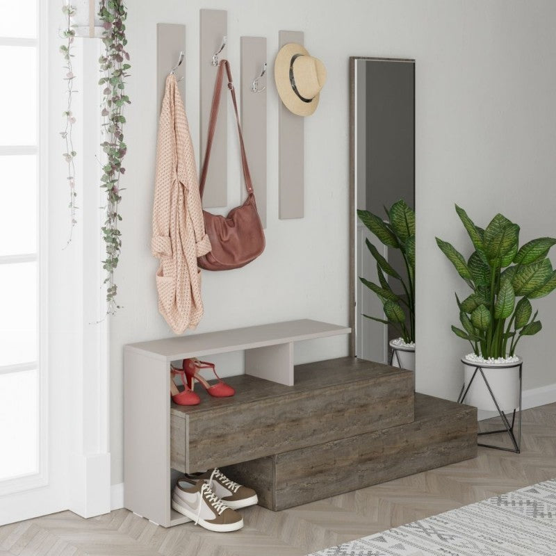 Meuble d'entrée gris tourterelle et noyer avec miroir Ramda 137x35xh154 cm