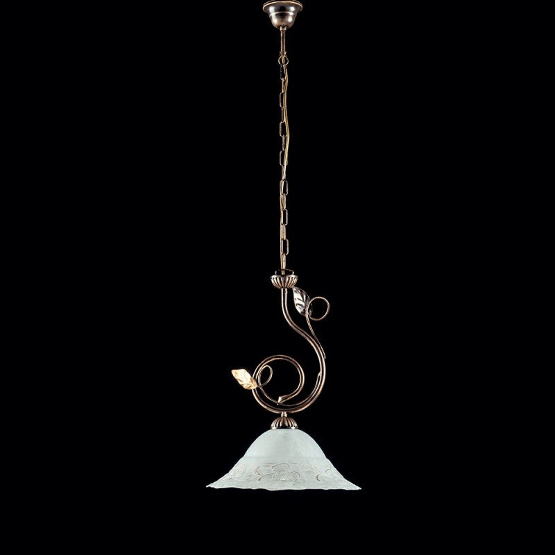 Lustre en fer marron doré une lumière abat-jour en verre blanc 33x h49 cm