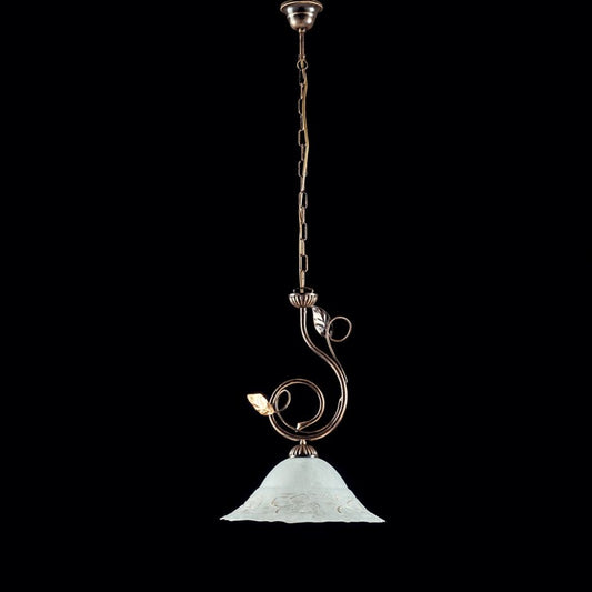 Lustre en fer marron doré une lumière abat-jour en verre blanc 33x h49 cm