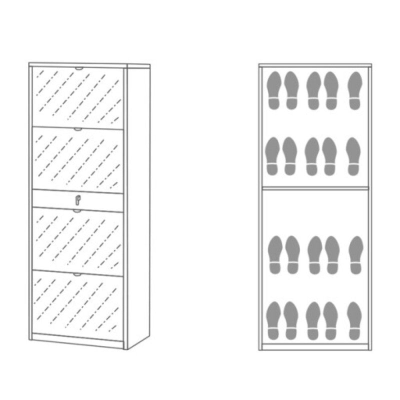 Étagère à chaussures avec quatre portes miroir et un tiroir en Beton Cemento 63x29x h164 cm