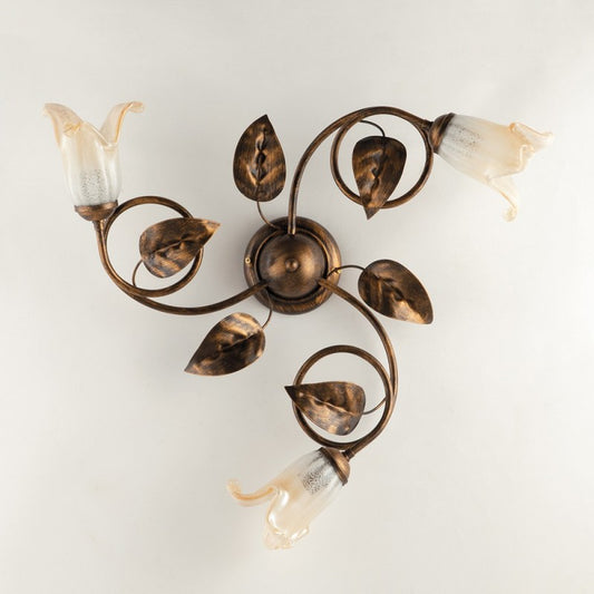 Plafonnier en fer Marron Or Ambre Blanc Verre trois lumières 59x h20 cm