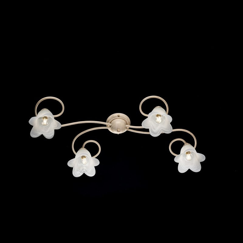 Plafonnier Fleur en fer Ivoire Or avec quatre abat-jour 87x40x h17 cm
