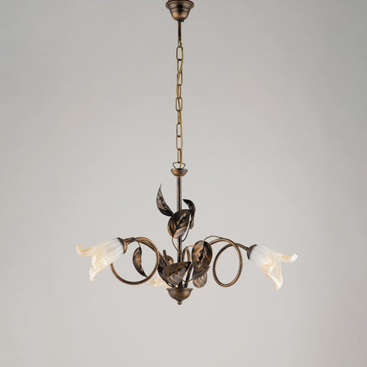 Lustre en fer Marron Or Verre Blanc Ambre trois lumières 58x h43 cm