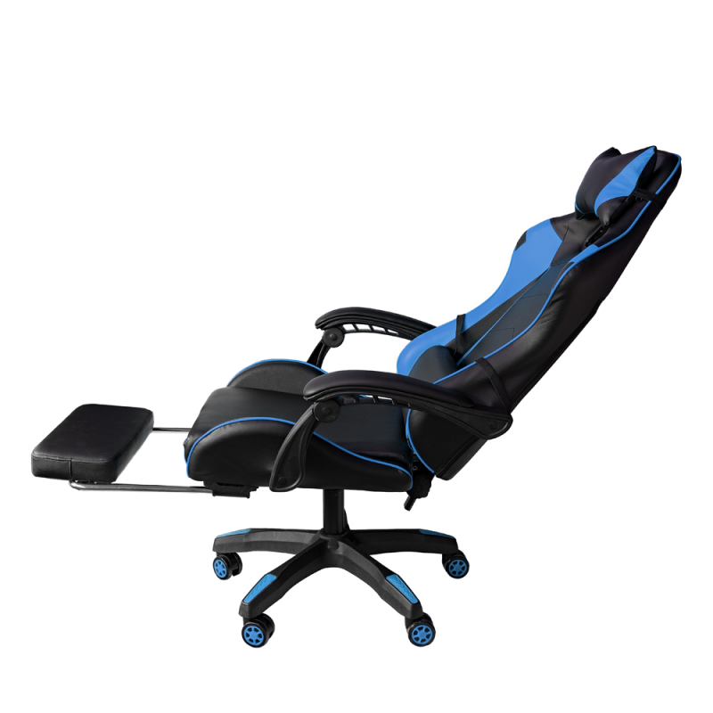 Chaise de bureau gaming inclinable en éco-cuir avec repose-pieds Bleu et Noir 64x53x h123-133 cm