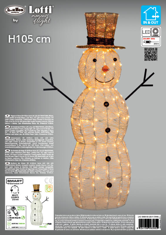 Bonhomme de neige LED 3D H105 cm Série 220 LED