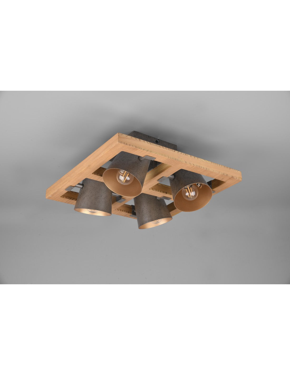 Plafonnier carré à 4 spots orientables en bois et métal nickelé Bell Trio Lighting