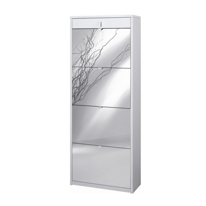 Étagère à chaussures avec quatre portes miroir et un tiroir supérieur en Frêne Blanc 63x29x h164 cm