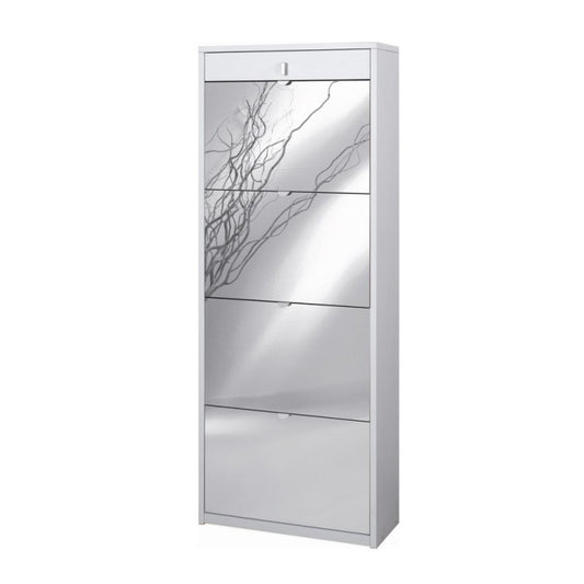 Étagère à chaussures avec quatre portes miroir et un tiroir supérieur en Frêne Blanc 63x29x h164 cm