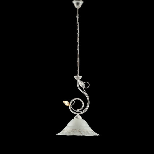 Lustre en fer blanc doré, une lumière, abat-jour en verre 33x h49 cm