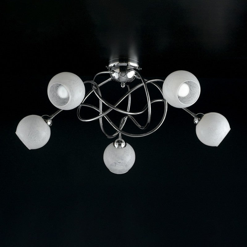Plafonnier en fer chromé poli avec verre blanc 5 lumières 70xh. 28 cm