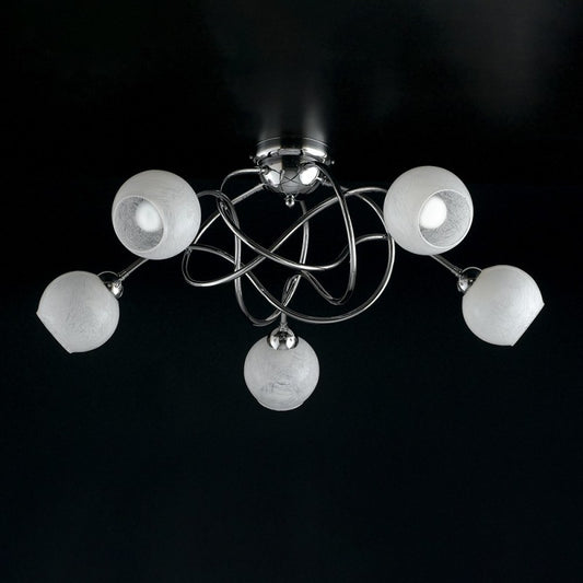 Plafonnier en fer chromé poli avec verre blanc 5 lumières 70xh. 28 cm